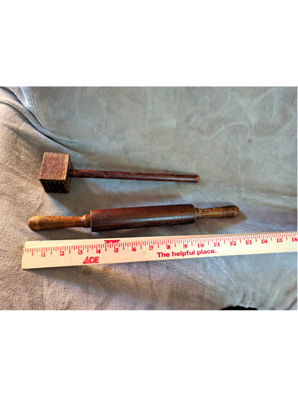 Vintage Wood Rolling Pin & Meat Tenderizer Mallet Lot 2 Primitive Farmhouse